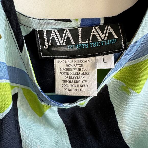 Java Lava Indonesian Rayon Flowy Earthy Beachy Blue Green Maxi Tank Dress L - Picture 7 of 10